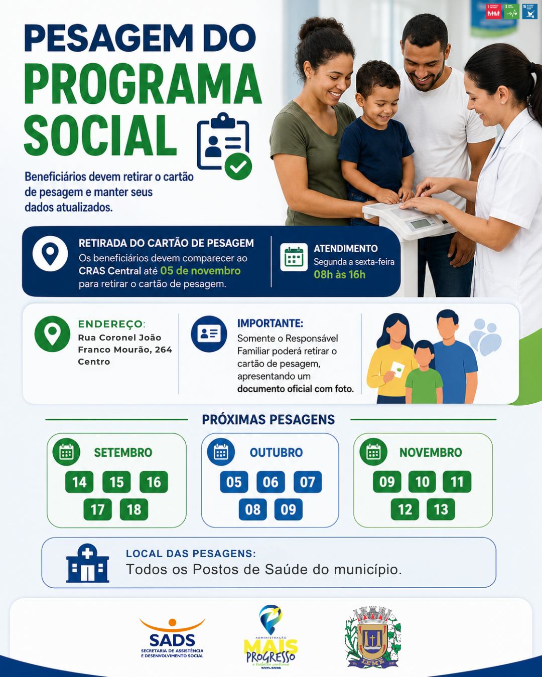 Beneficiários do Bolsa Família devem retirar o cartão de pesagem e manter dados atualizados